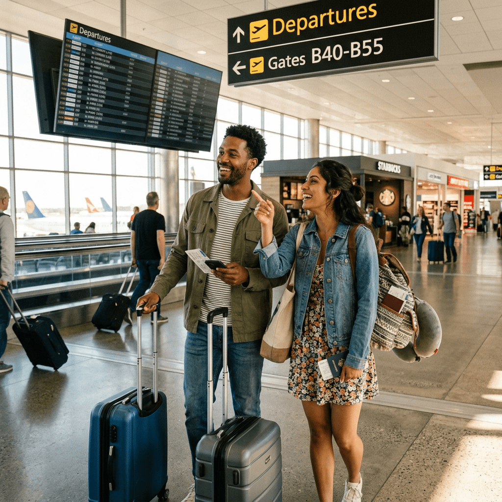 Couple with luggage checking flight information at airport terminal